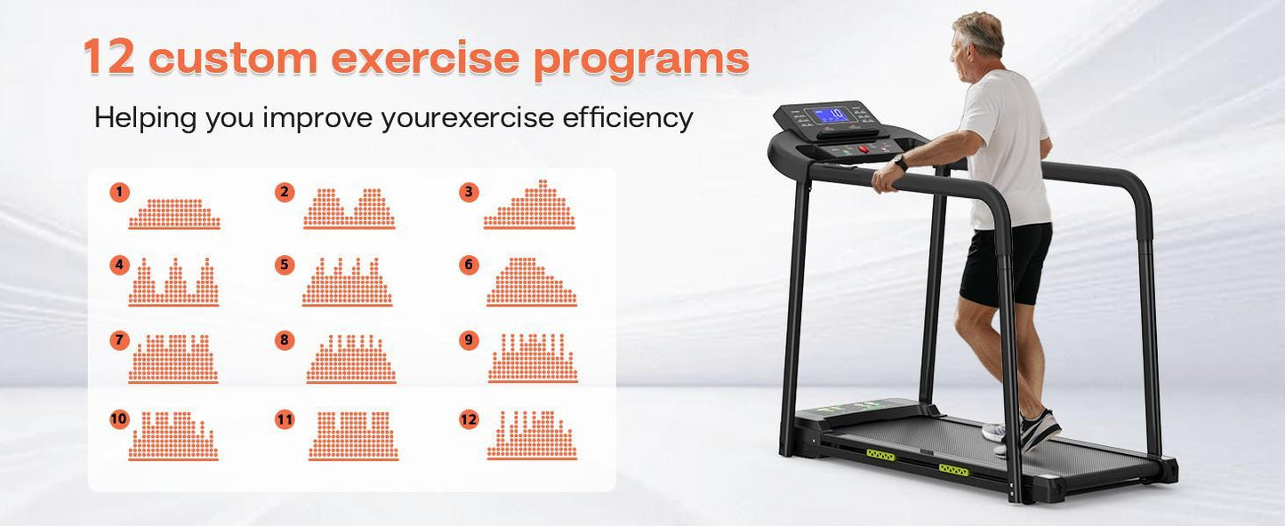 Elderly Rehabilitation Composite Shock-absorbing Treadmill With Extended Handrails And Enlarged Running Platform, Suitable For The Elderly, Load-bearing 300 Pounds, Safety Key, Easy-to-move Wheels